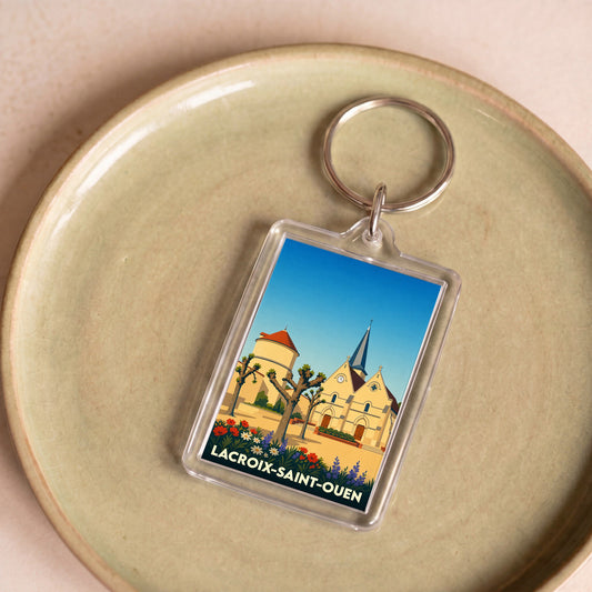 Porte-clés souvenir de la ville de Lacroix-Saint-Ouen avec une illustration stylisée.