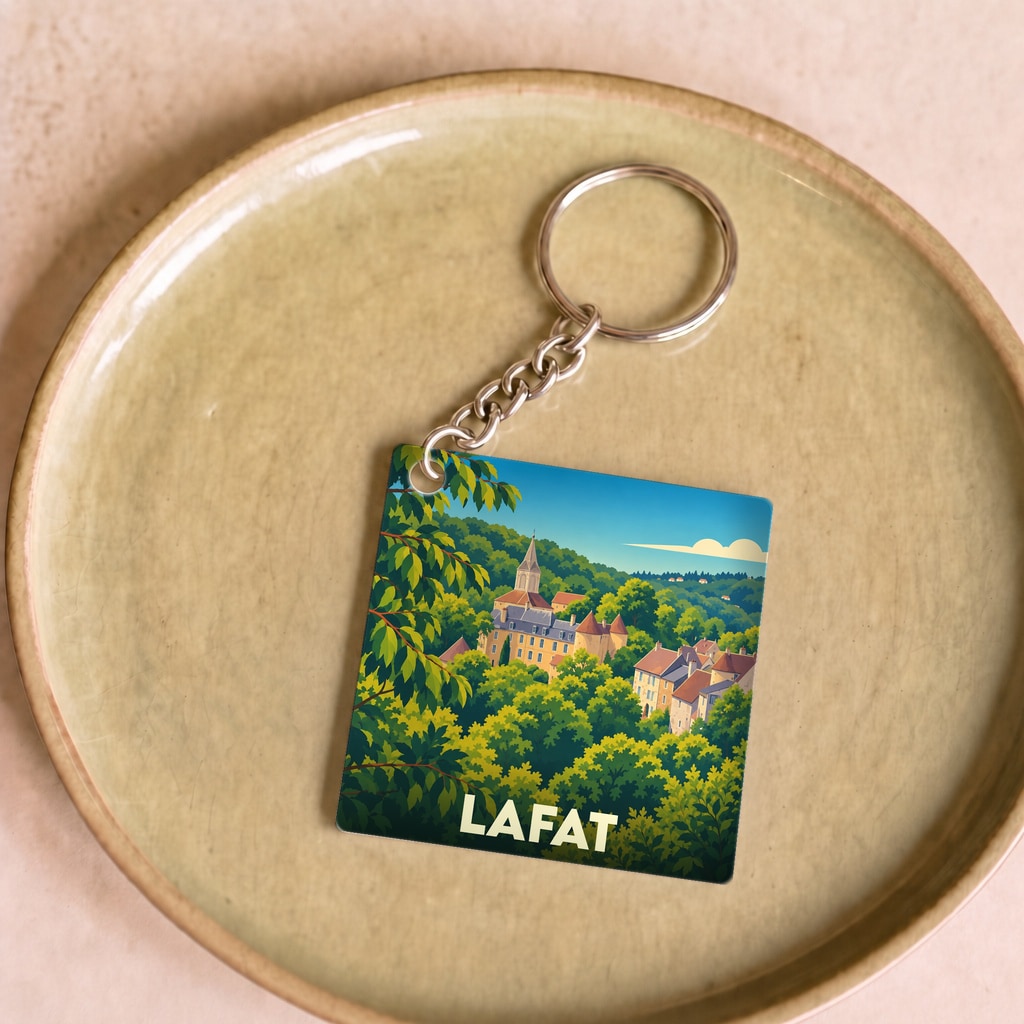 Porte-clés souvenir de la ville de Lafat avec une illustration stylisée d'un village dans la verdure.