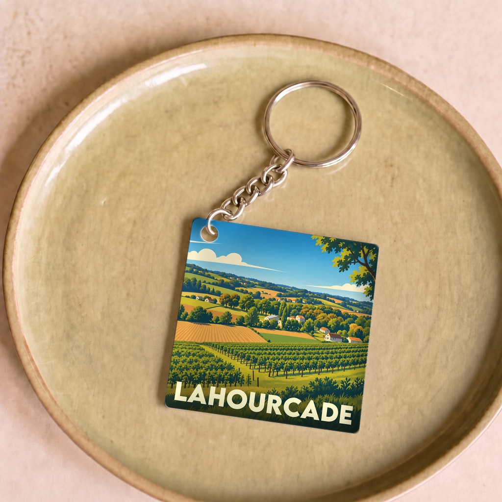 Porte-clés souvenir de la ville de Lahourcade avec une illustration stylisée de paysages vallonnés et de vignobles.