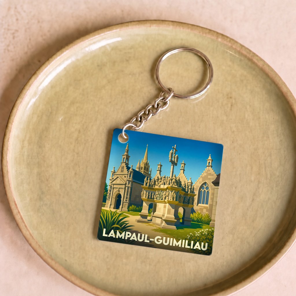Porte-clés souvenir de la ville de Lampaul-Guimiliau avec une illustration stylisée de son enclos paroissial.
