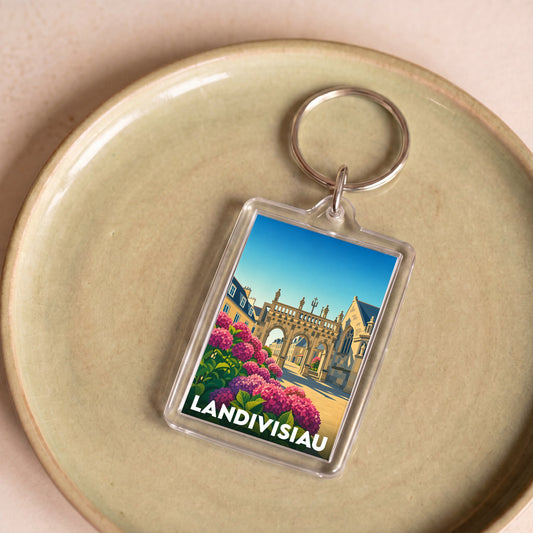 Porte-clés souvenir de la ville de Landivisiau avec une illustration stylisée.