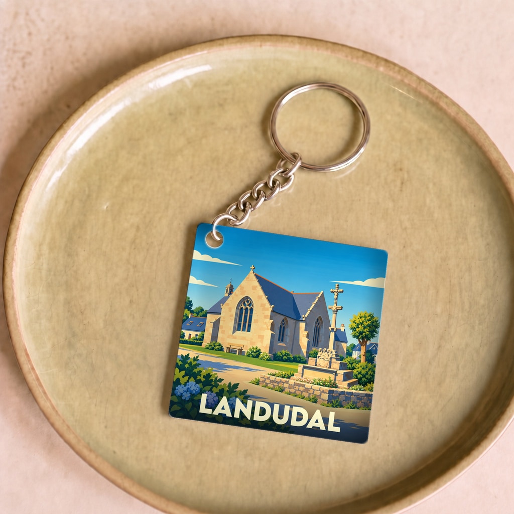 Porte-clés souvenir de la ville de Landudal avec une illustration stylisée de son église.