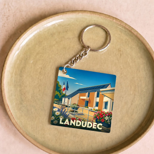 Porte-clés souvenir de la ville de Landudec avec une illustration colorée et stylisée.