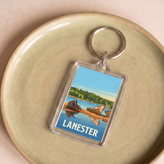 Porte-clés souvenir de la ville de Lanester avec une illustration stylisée.