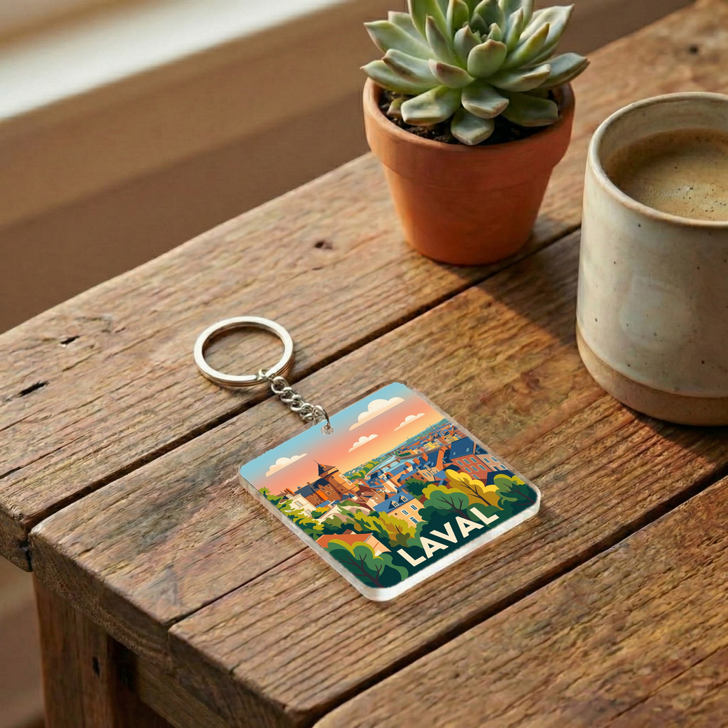 Porte-clés souvenir de la ville de Laval avec une illustration stylisée du paysage urbain.