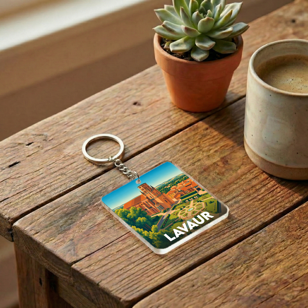 Porte-clés souvenir de la ville de Lavaur avec une illustration stylisée de sa cathédrale et de ses jardins.