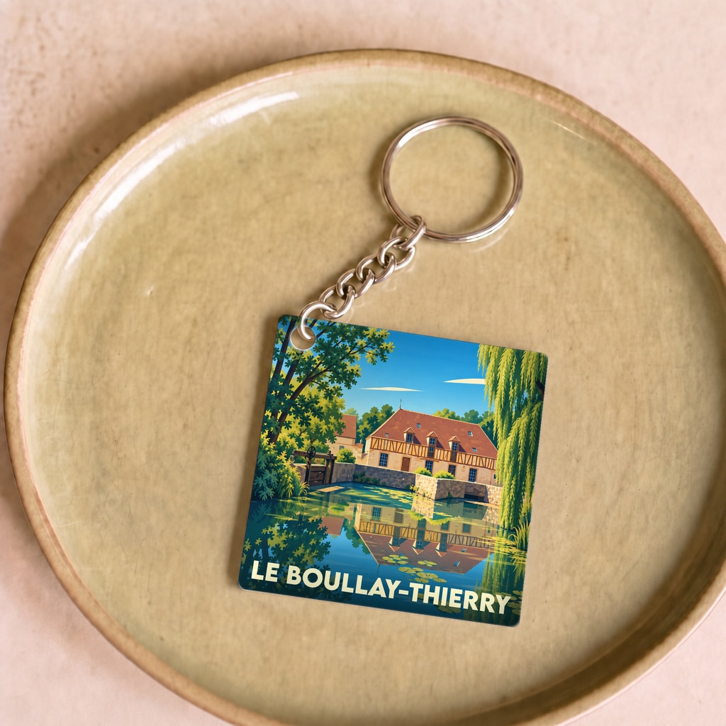 Porte-clés souvenir de la ville de Le Boullay-Thierry avec une illustration stylisée d'un moulin au bord de l'eau.