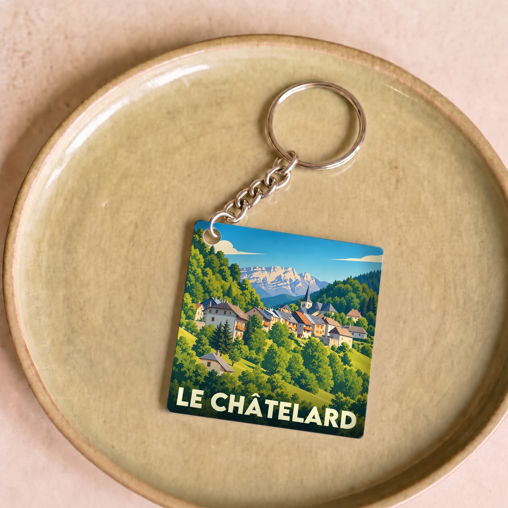 Porte-clés souvenir de la ville de Le Châtelard avec une illustration stylisée d'un village de montagne.
