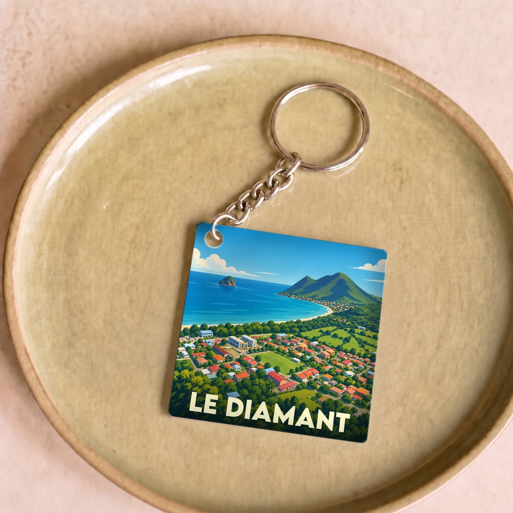 Porte-clés souvenir de la ville du Diamant avec une illustration stylisée de sa baie.