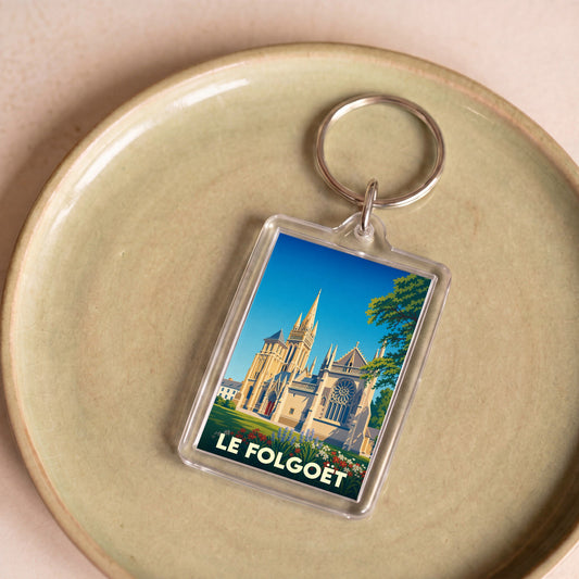 Porte-clés souvenir de la ville de Le Folgoët avec une illustration stylisée de sa basilique.