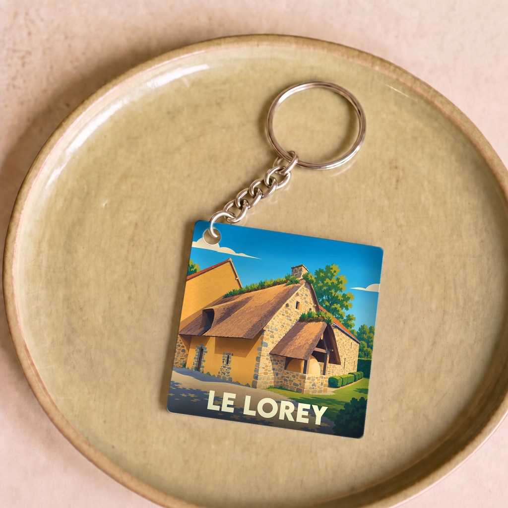 Porte-clés souvenir de la ville de Le Lorey avec une illustration stylisée d'une maison traditionnelle.
