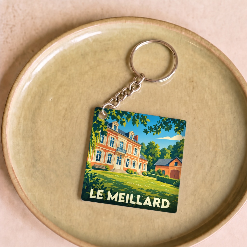Porte-clés souvenir de la ville de Le Meillard avec une illustration stylisée d'une grande demeure bourgeoise.