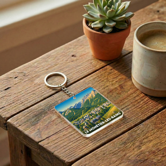Porte-clés souvenir de la ville de Le Monêtier-les-Bains avec une illustration stylisée.