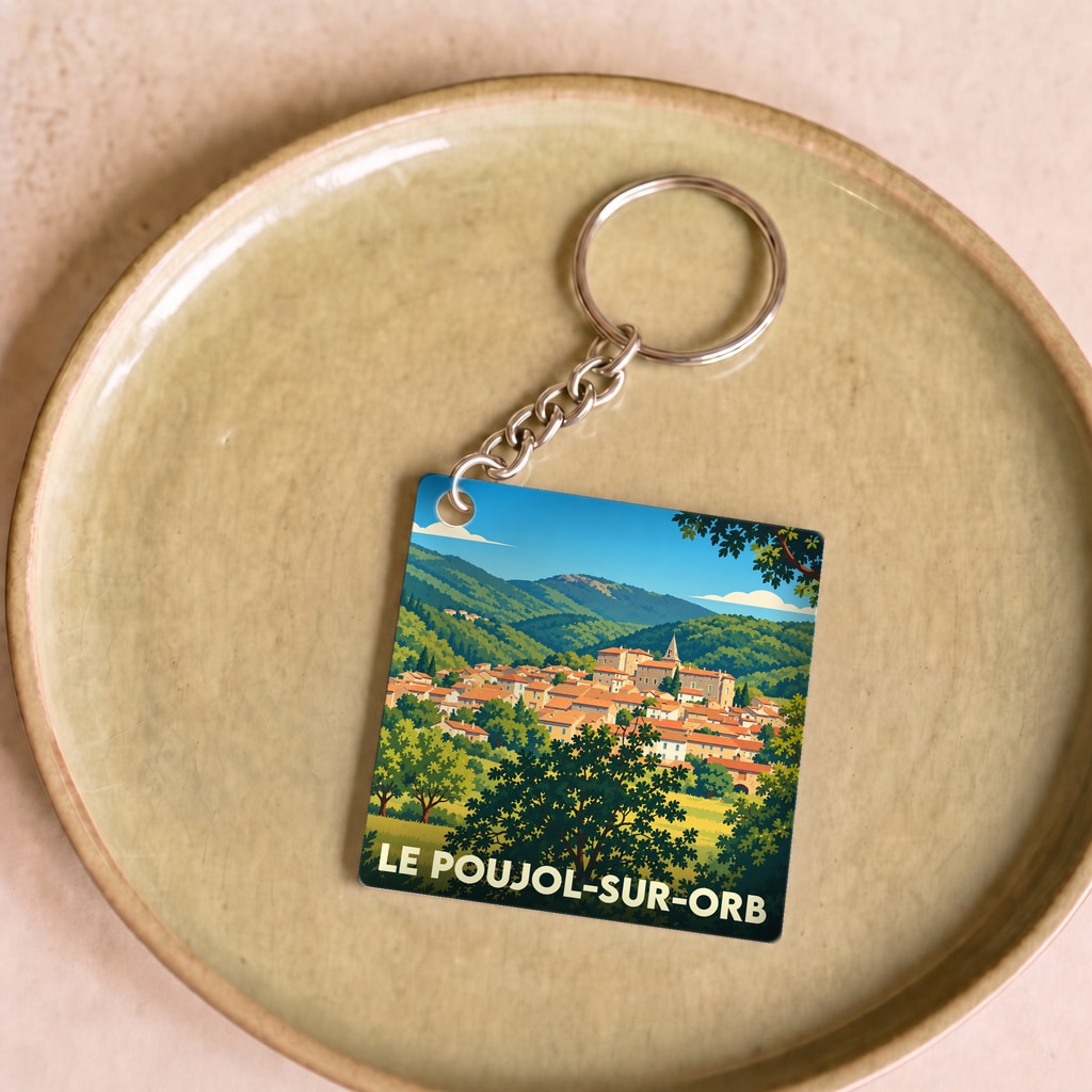 Porte-clés souvenir de la ville de Le Poujol-sur-Orb avec une illustration stylisée d'un village niché dans les montagnes.