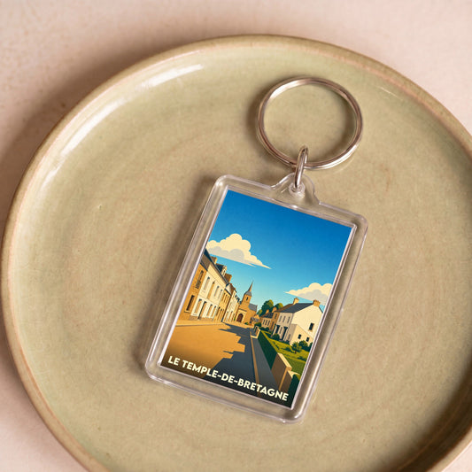 Porte-clés souvenir de la ville de Le Temple-de-Bretagne avec une illustration stylisée.