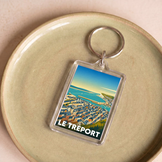 Porte-clés souvenir de la ville de Le Tréport avec une illustration stylisée.