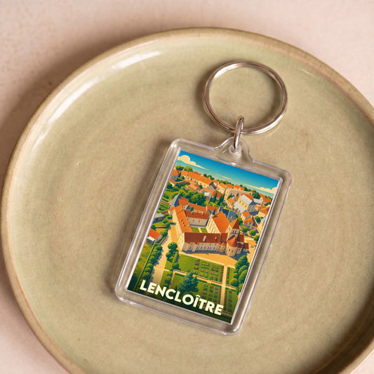 Porte-clés souvenir de la ville de Lencloître avec une illustration stylisée.