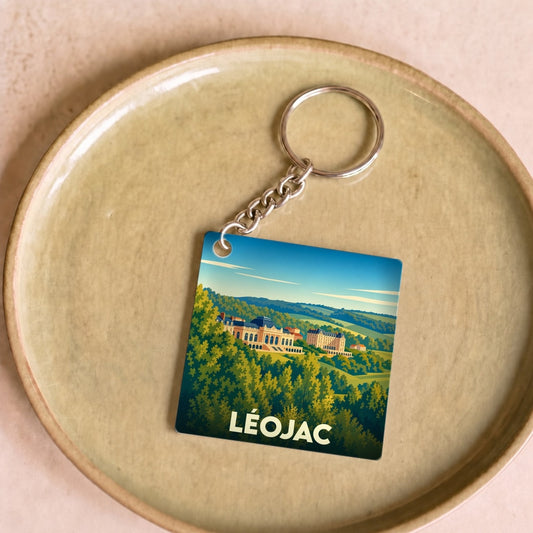 Porte-clés souvenir de la ville de Léojac avec une illustration stylisée.