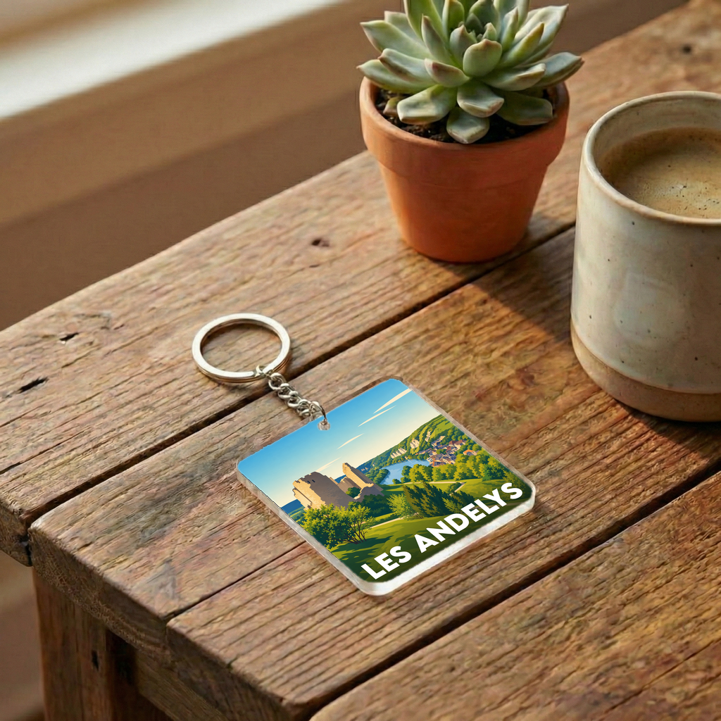 Porte-clés souvenir de la ville de Les Andelys avec une illustration stylisée.