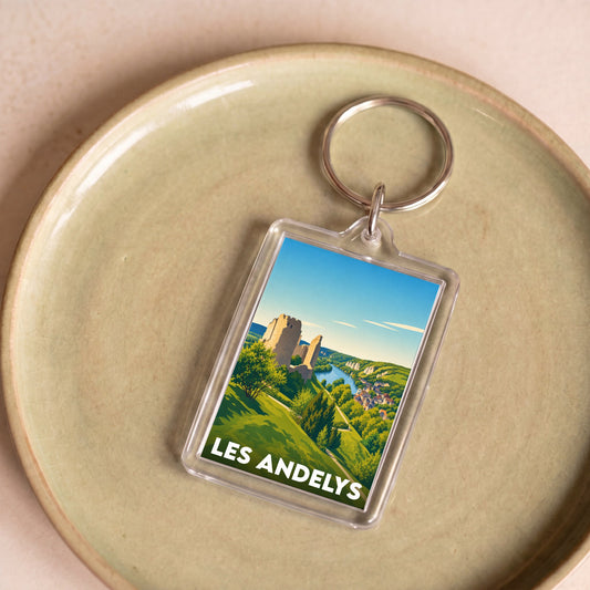 Porte-clés souvenir de la ville de Les Andelys avec une illustration stylisée.