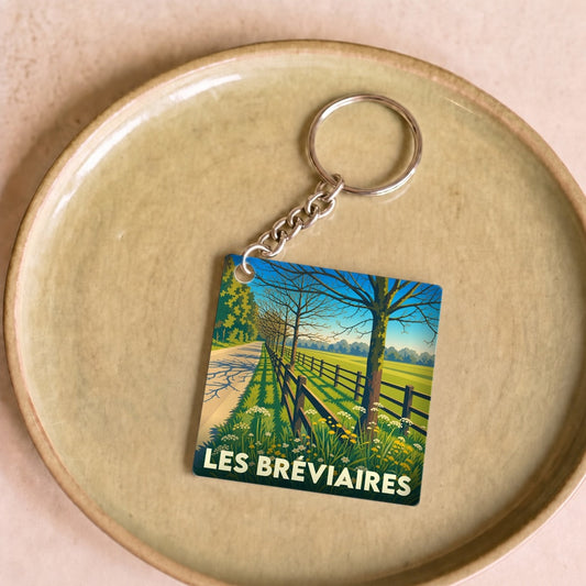 Porte-clés souvenir de la ville de Les Bréviaires avec une illustration bucolique stylisée.