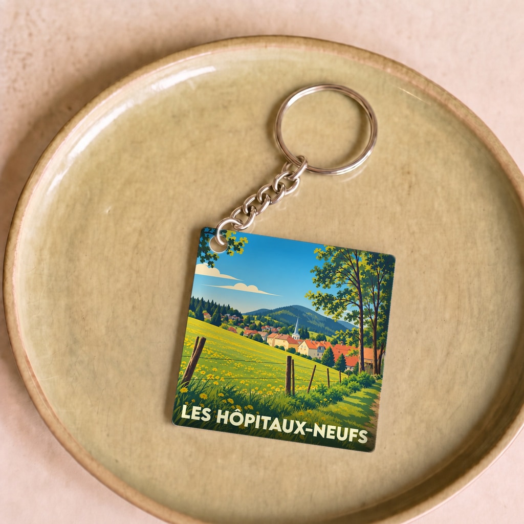 Porte-clés souvenir de la commune Les Hôpitaux-Neufs avec une illustration stylisée de son paysage montagneux.
