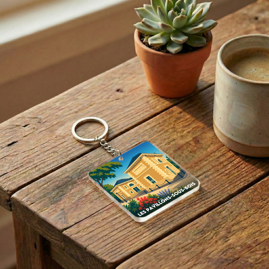 Porte-clés souvenir de la ville de Les Pavillons-sous-Bois avec une illustration stylisée.