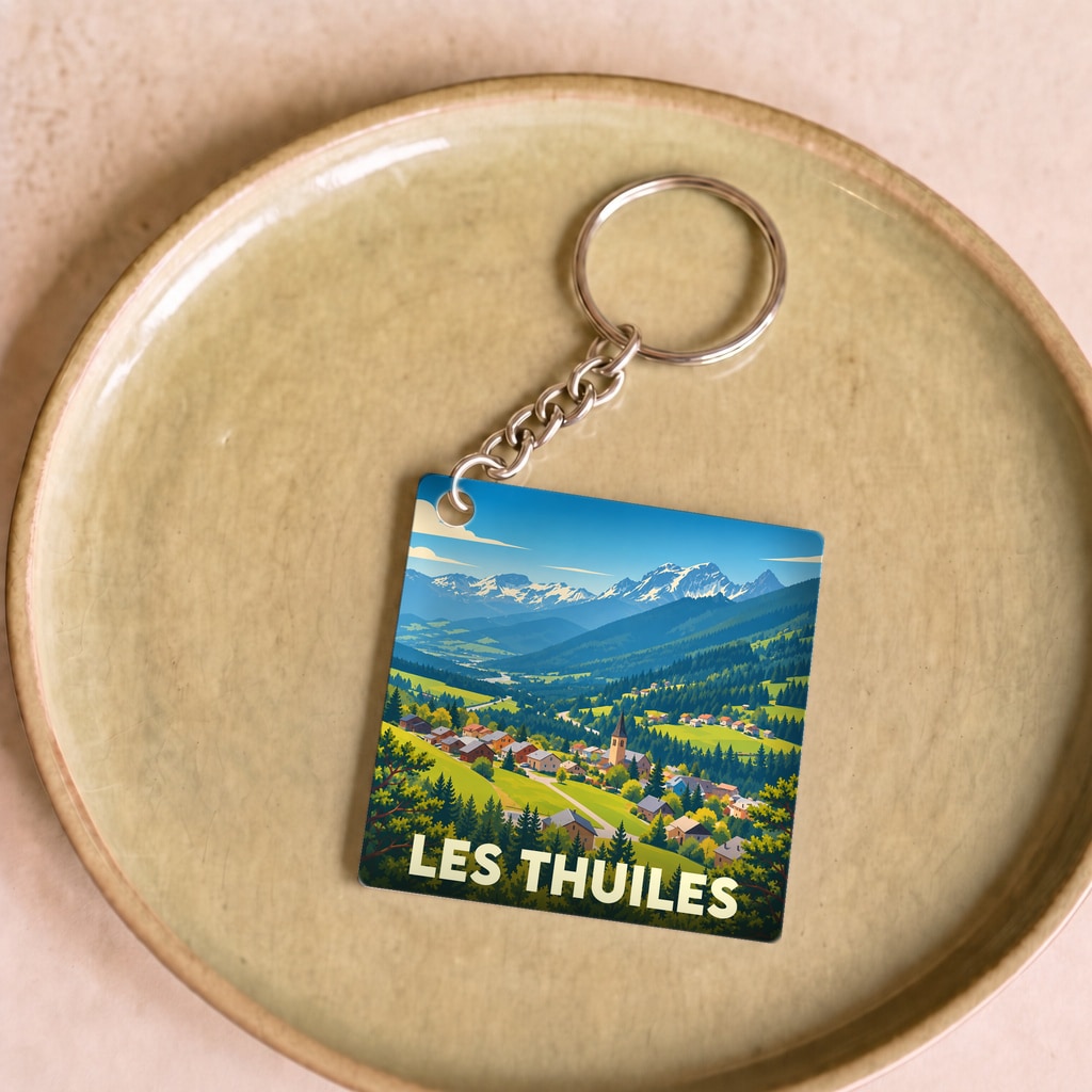 Porte-clés souvenir de la ville de Les Thuiles avec une illustration de paysage de montagne.