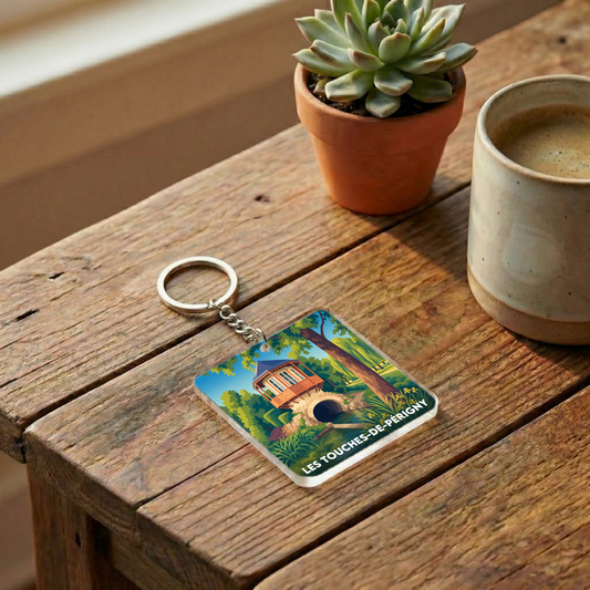Porte-clés souvenir de la ville de Les Touches-de-Périgny avec une illustration stylisée d'un paysage local.