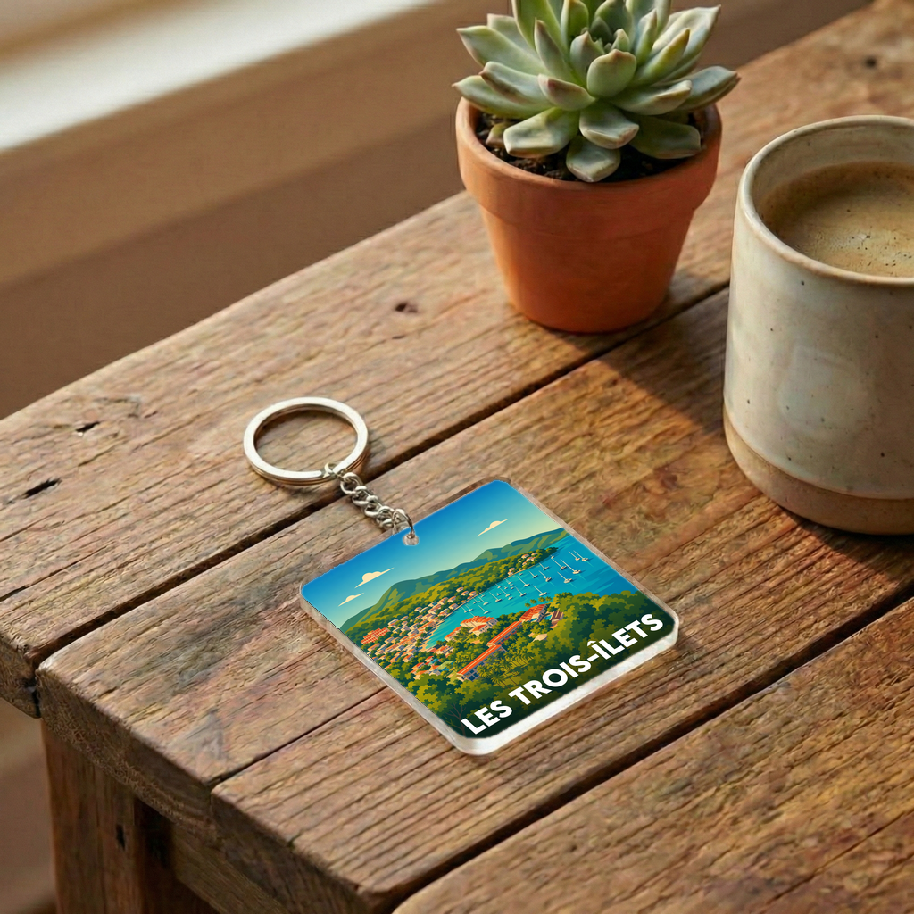 Porte-clés souvenir de la ville de Les Trois-Îlets avec une illustration stylisée.