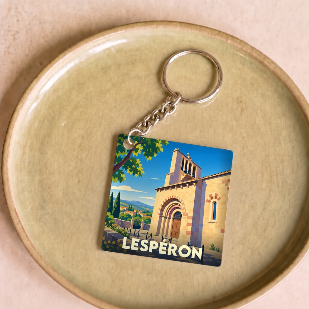 Porte-clés souvenir de la ville de Lespéron avec une illustration stylisée de son église.