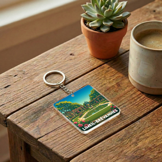 Porte-clés souvenir de la ville de Limeil-Brévannes avec une illustration stylisée d'un parc fleuri.