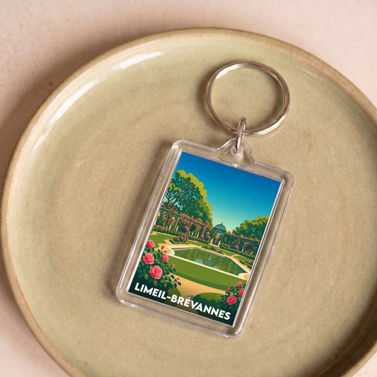 Porte-clés souvenir de la ville de Limeil-Brévannes avec une illustration stylisée d'un parc fleuri.