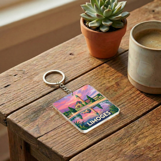 Porte-clés souvenir de la ville de Limoges avec une illustration stylisée et colorée.
