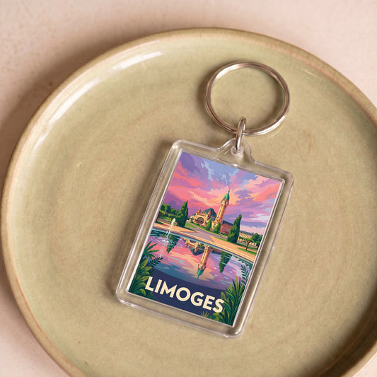 Porte-clés souvenir de la ville de Limoges avec une illustration stylisée et colorée.