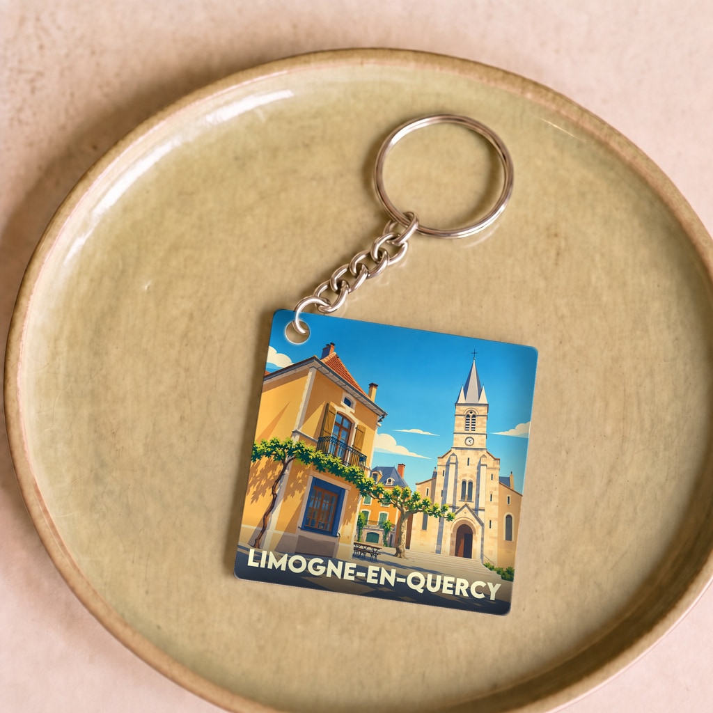Porte-clés souvenir de la ville de Limogne-en-Quercy avec une illustration colorée et stylisée de son église et de ses maisons.