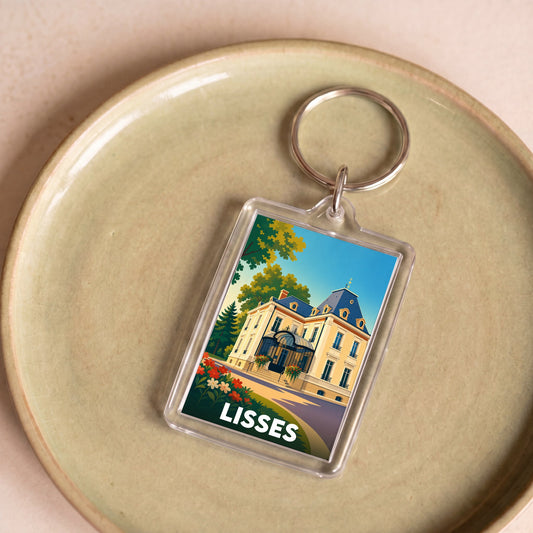 Porte-clés souvenir de la ville de Lisses avec une illustration stylisée d'un paysage urbain verdoyant.