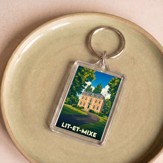 Porte-clés souvenir de la ville de Lit-et-Mixe avec une illustration stylisée.