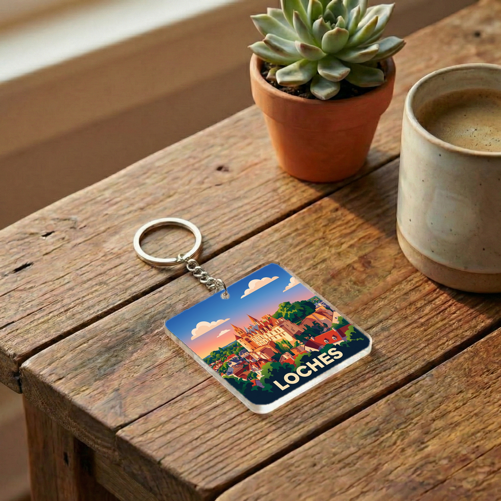 Porte-clés souvenir de la ville de Loches avec une illustration stylisée.
