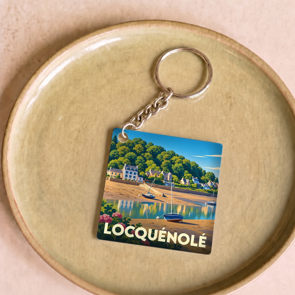 Porte-clés souvenir de la ville de Locquénolé avec une illustration stylisée.