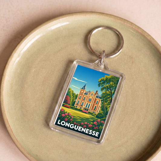 Porte-clés souvenir de la ville de Longuenesse avec une illustration stylisée de son château.