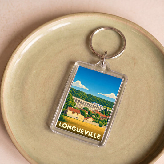 Porte-clés souvenir de la ville de Longueville avec une illustration stylisée.