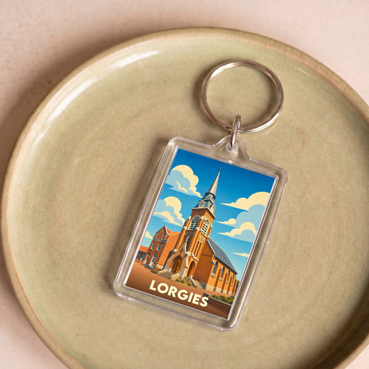 Porte-clés souvenir de la ville de Lorgies avec une illustration stylisée de son église.