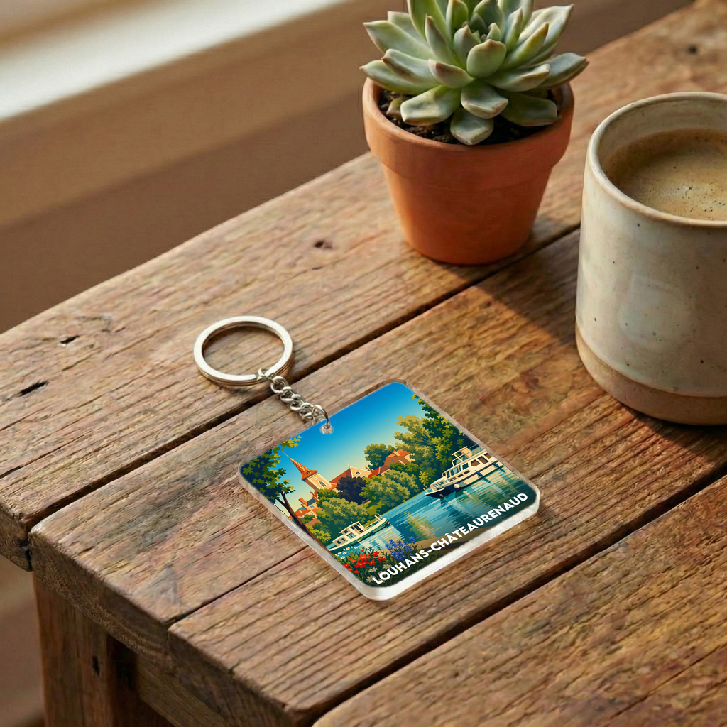 Porte-clés souvenir de la ville de Louhans-Châteaurenaud avec une illustration stylisée.