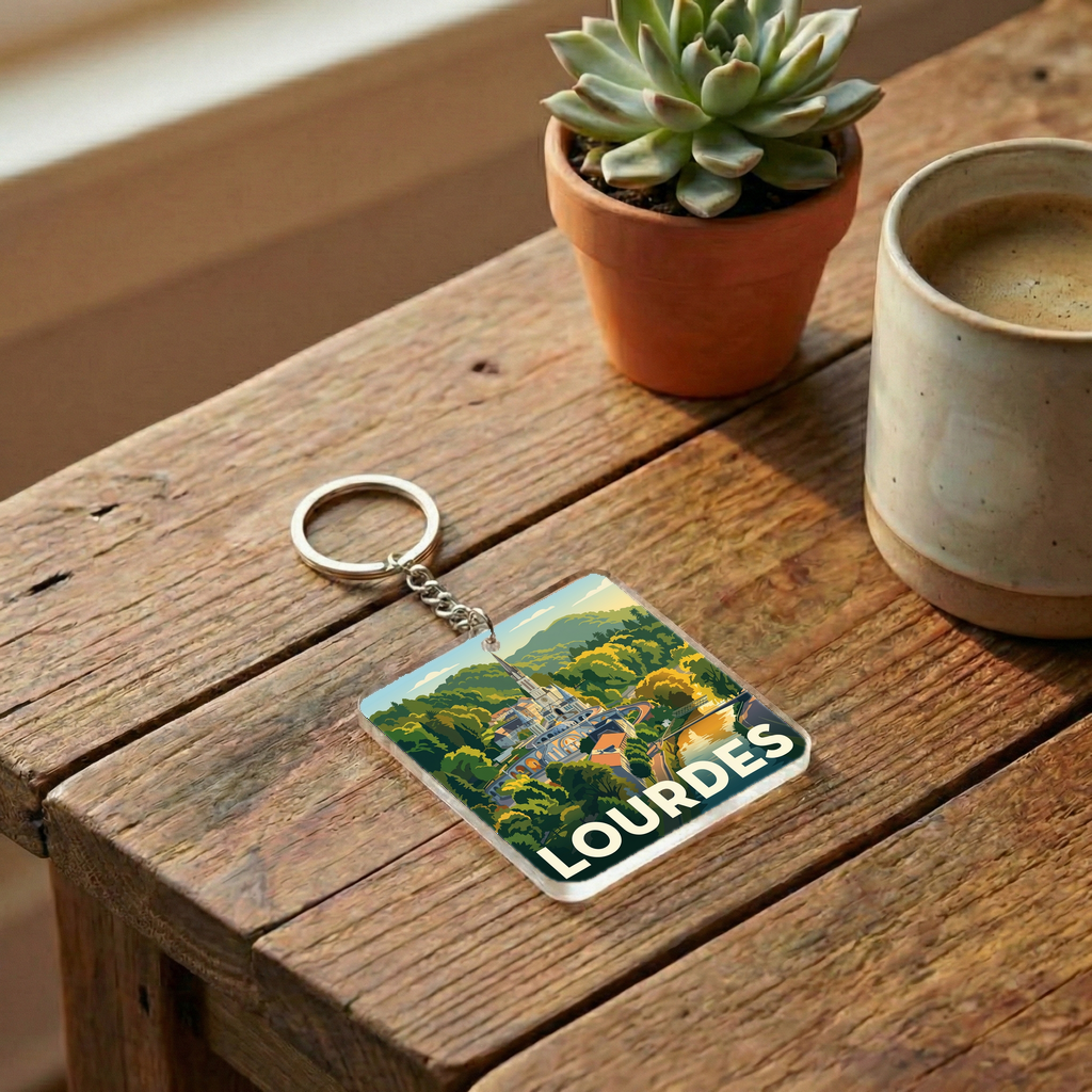 Porte-clés souvenir de la ville de Lourdes avec une illustration stylisée de son sanctuaire.