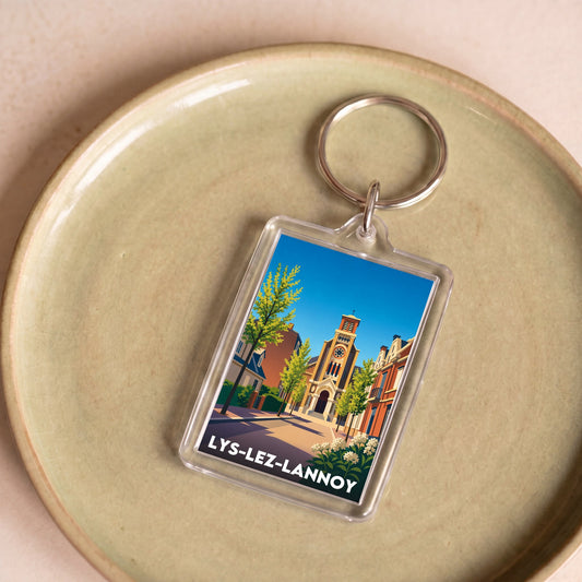 Porte-clés souvenir de la ville de Lys-lez-Lannoy avec une illustration stylisée.