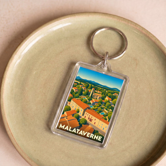 Porte-clés souvenir de la ville de Malataverne avec une illustration stylisée.