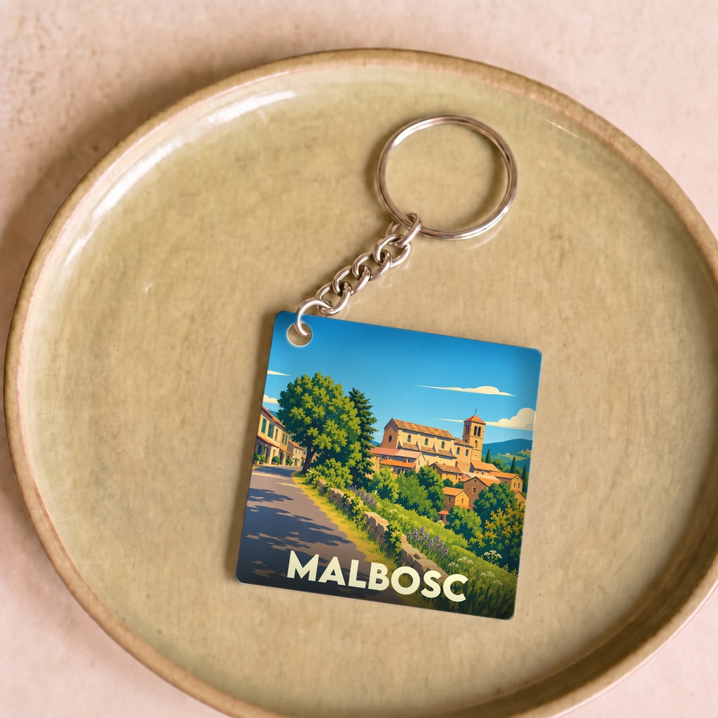 Porte-clés souvenir de la ville de Malbosc avec une illustration stylisée de son village.