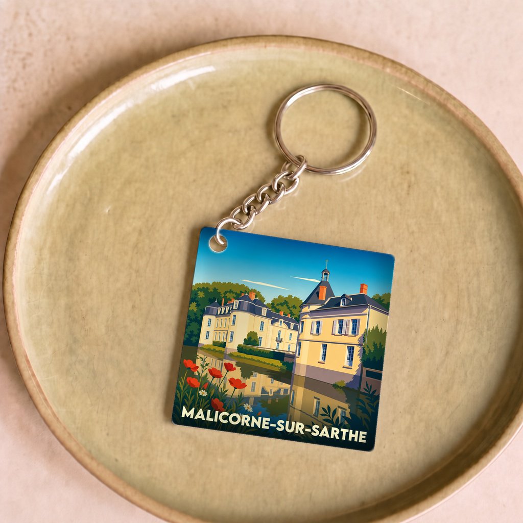 Porte-clés souvenir de la ville de Malicorne-sur-Sarthe avec une illustration stylisée de son château.