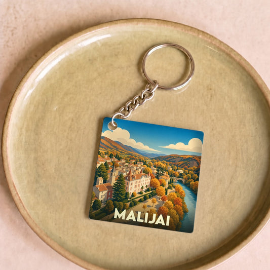 Porte-clés souvenir de la ville de Malijai avec une illustration stylisée de ses paysages.